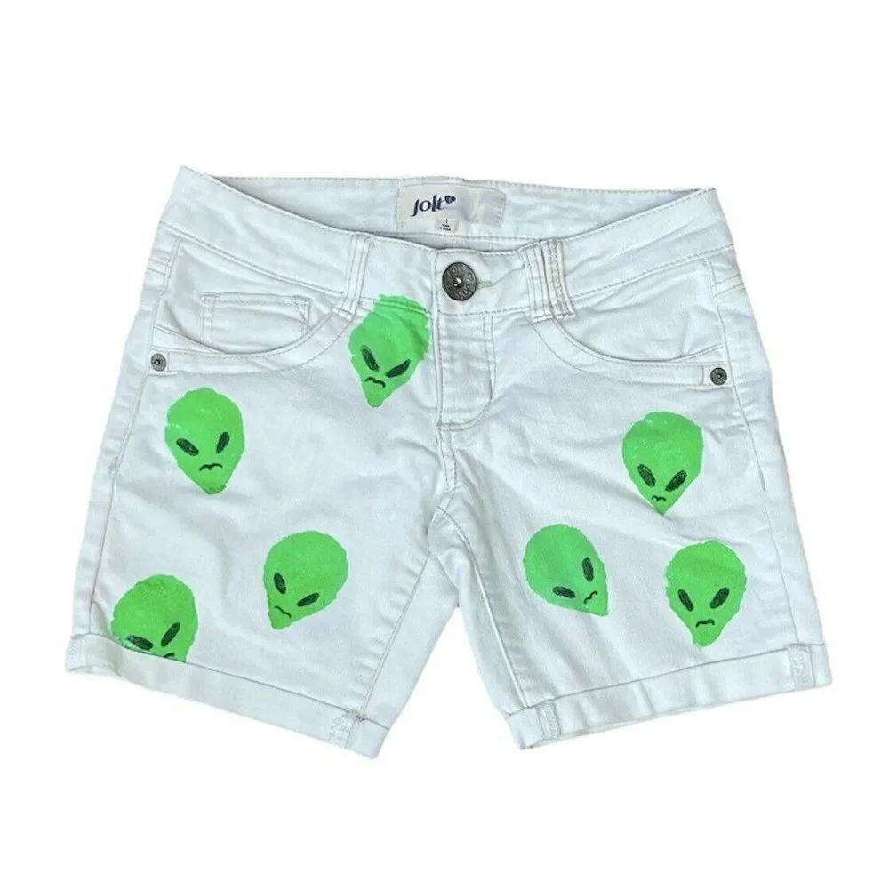 CUSTOM Jolt White Shorts Sz 1 Juniors Women Handpainted Alien Faces Streetwear